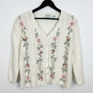Vintage Shennanigans White Floral Embroidered Cardigan Size Medium Cottagecore